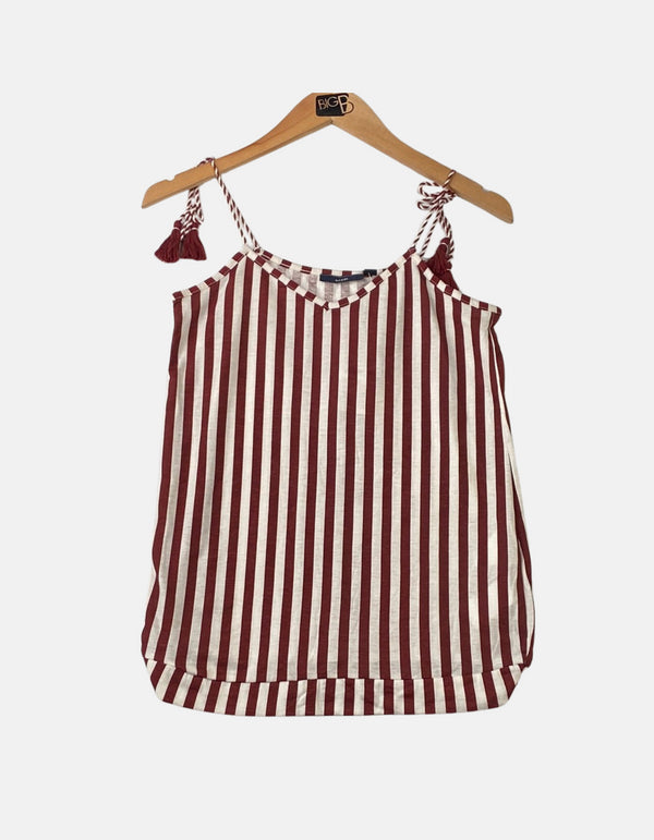 Red and White Striped Sleeveless Top with Tassel Ties